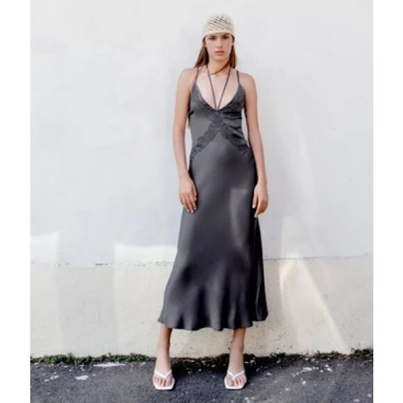 Zara Charcoal Gray Satin Effect Midi Slip Dress with Spaghetti Straps Size XXL - Picture 1 of 9